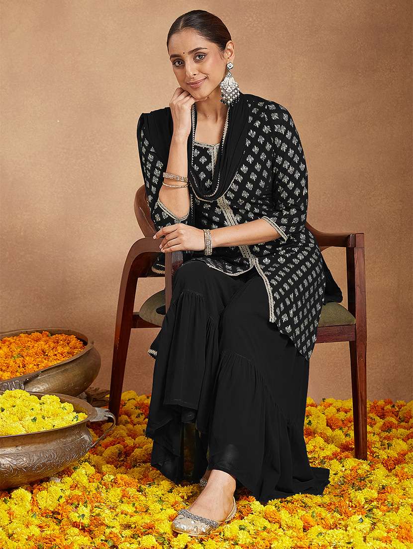 women foil printed three quarter sleeve kurta pant with dupatta set - 22156280 - Standard Image - 1