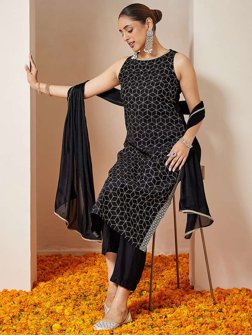 women geometric sleeveless kurta pant with dupatta set - 22156281 -  Standard Image - 1