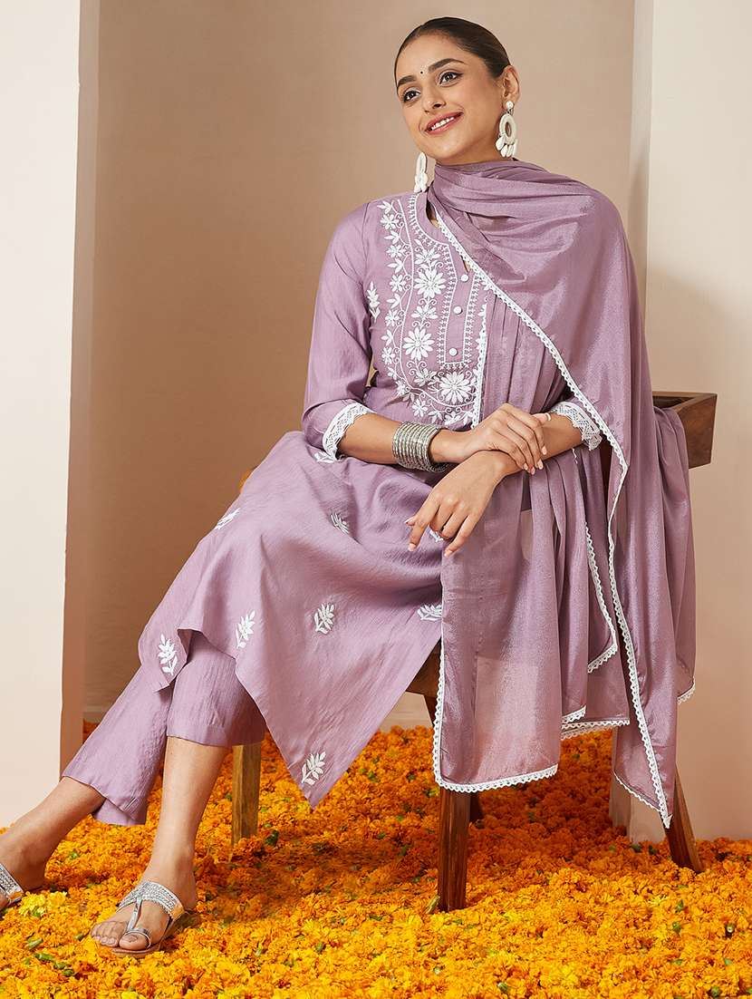 women embroidered three quarter sleeve kurta pant with dupatta set - 22156286 -  Standard Image - 1