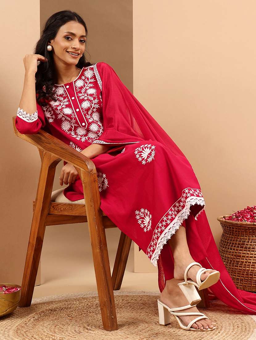 women embroidered three quarter sleeve kurta pant with dupatta set - 22156287 -  Standard Image - 1
