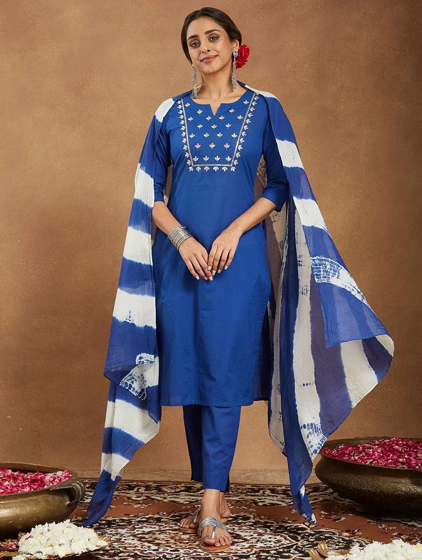 women embroidered three quarter sleeve kurta pant with dupatta set - 22156294 - Standard Image - 1