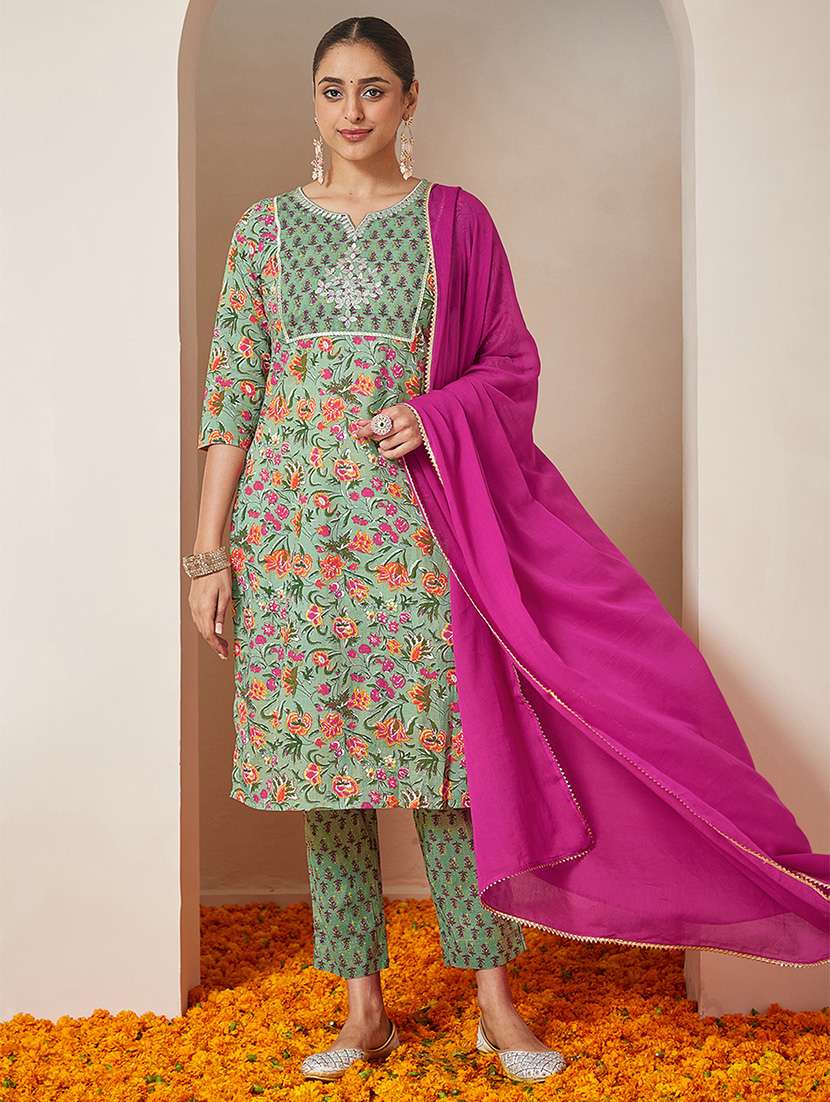 women embroidered three quarter sleeve kurta pant with dupatta set