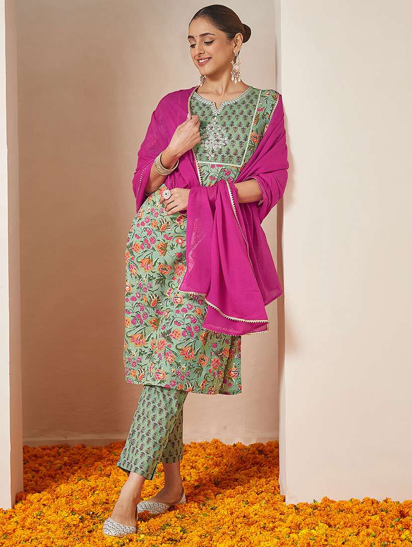 women embroidered three quarter sleeve kurta pant with dupatta set - 22156295 -  Standard Image - 1