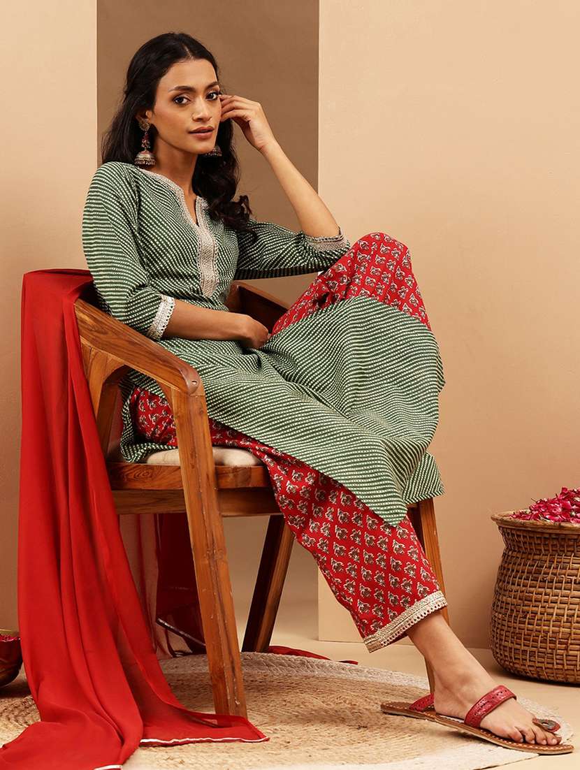 women leheriya three quarter sleeve kurta palazzo with dupatta set - 22156301 - Standard Image - 1