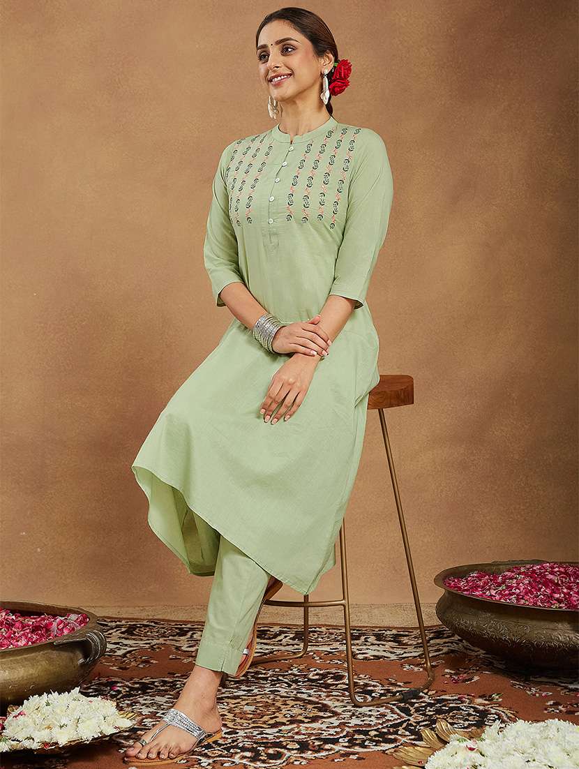 women embroidered three quarter sleeve kurta pant set - 22156313 -  Standard Image - 1