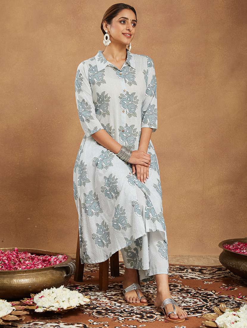 women floral three quarter sleeve kurta pant set - 22156316 -  Standard Image - 1