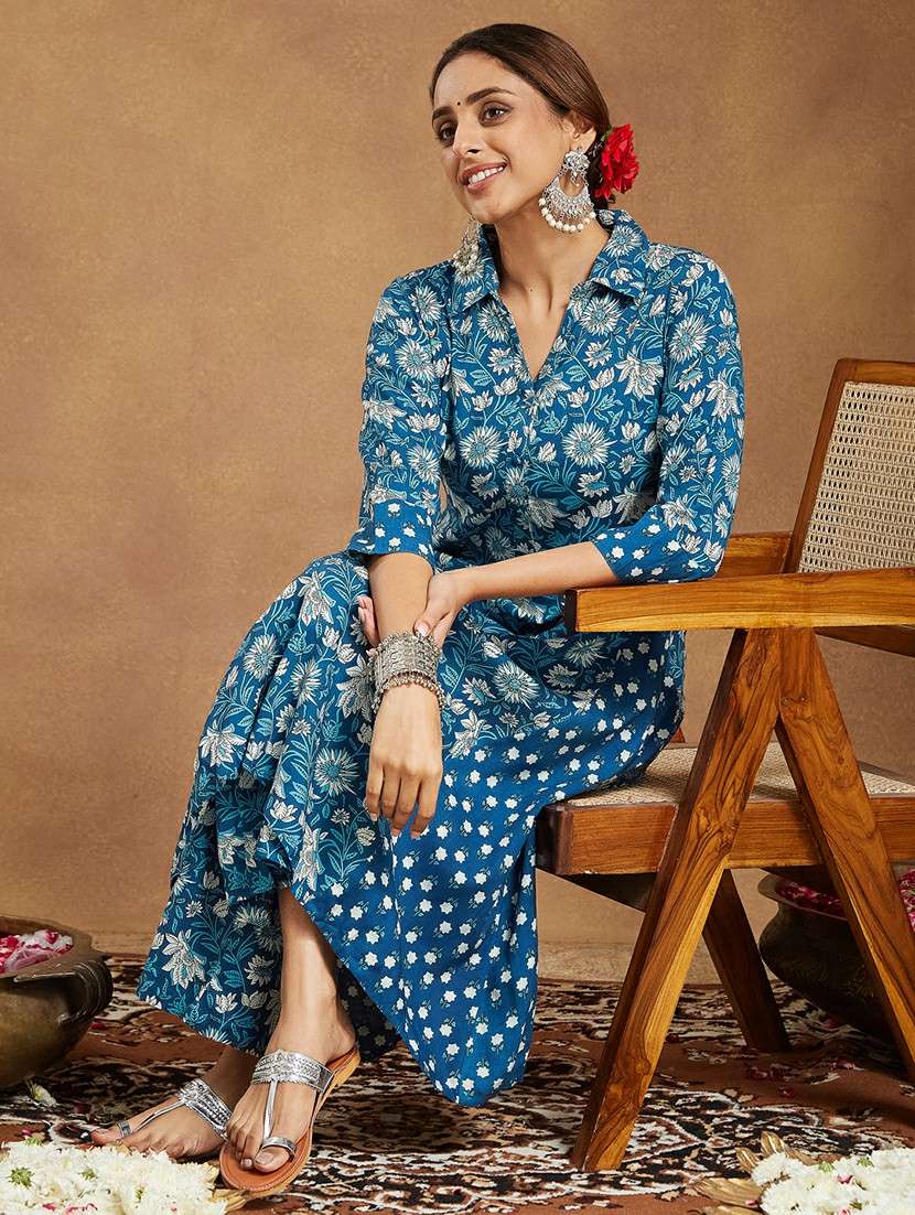 women floral three quarter sleeve kurta pant set - 22156317 -  Standard Image - 1