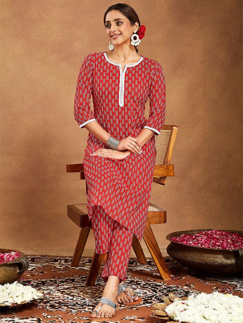 women printed three quarter sleeve kurta pant set - 22156318 -  Standard Image - 1