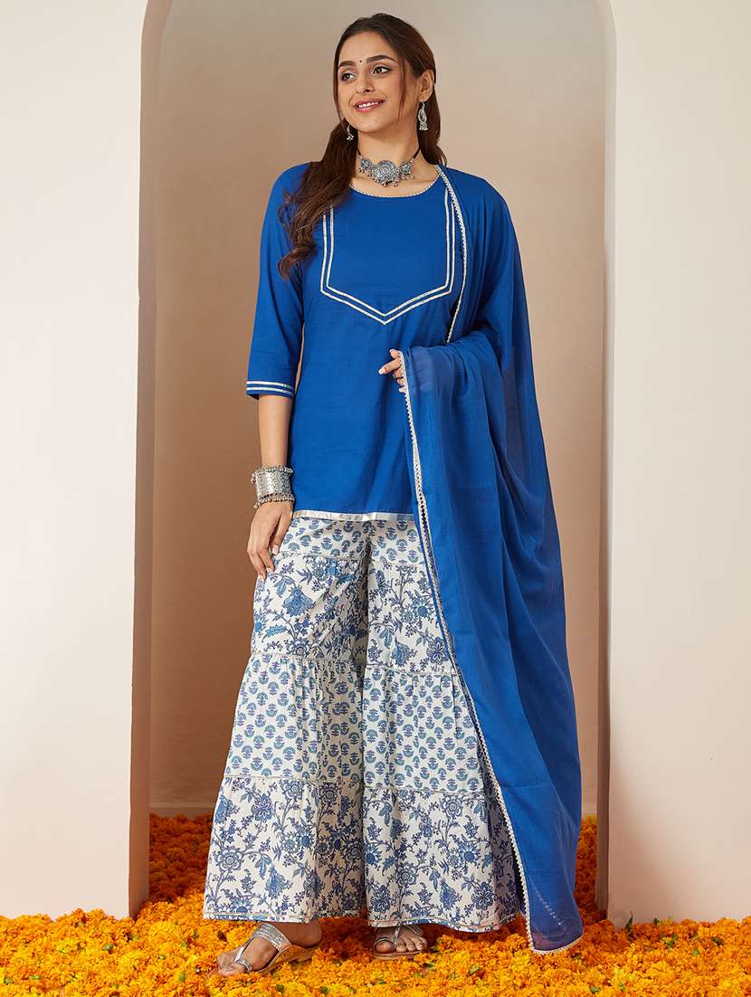 women solid three quarter sleeve kurta sharara with dupatta set