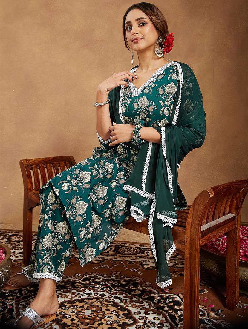 women printed three quarter sleeve kurta pant with dupatta set - 22156321 -  Standard Image - 1