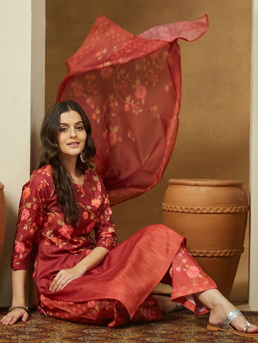 women floral three quarter sleeve kurta pant with dupatta set - 22156322 -  Standard Image - 1