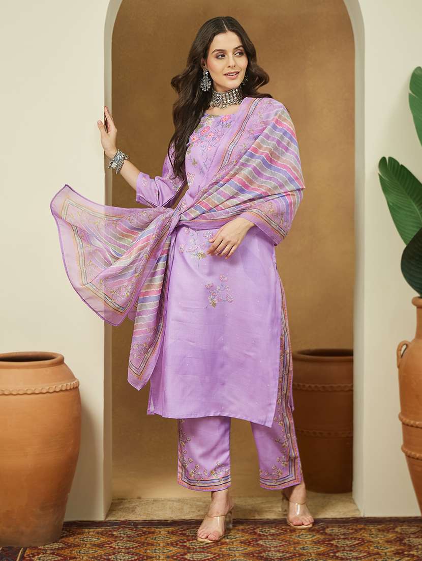 women floral three quarter sleeve kurta pant with dupatta set