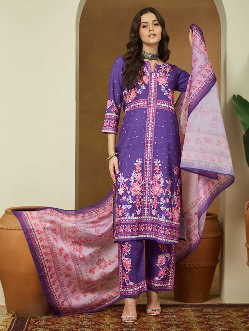 women floral three quarter sleeve kurta pant with dupatta set - 22156338 -  Standard Image - 1