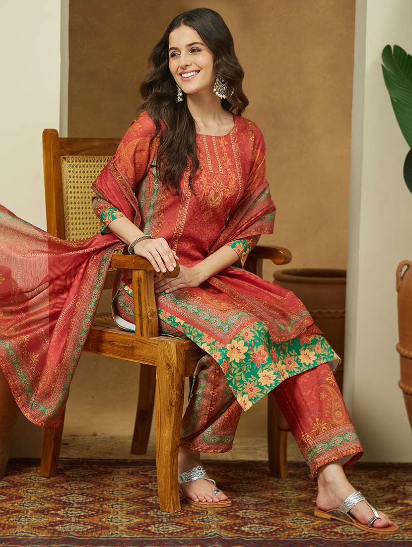 women printed three quarter sleeve kurta pant with dupatta set - 22156344 -  Standard Image - 1