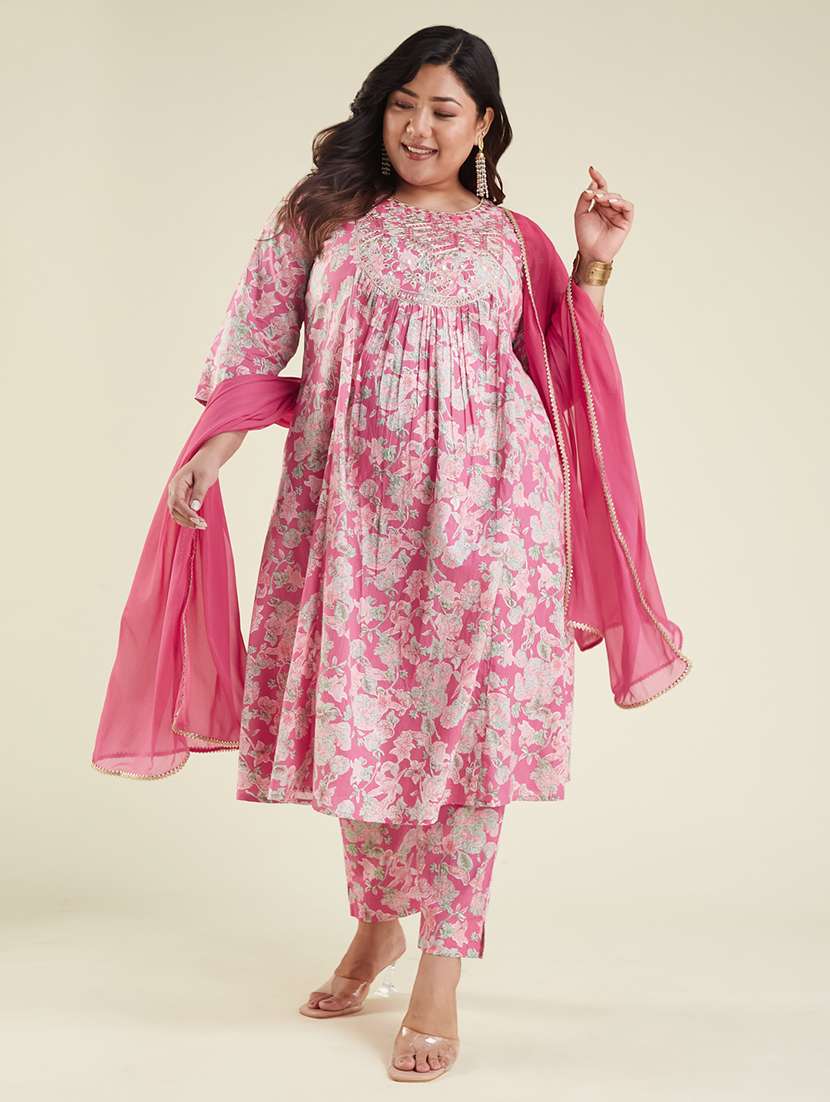 women floral three quarter sleeve kurta pant with dupatta set - 22156346 -  Standard Image - 1