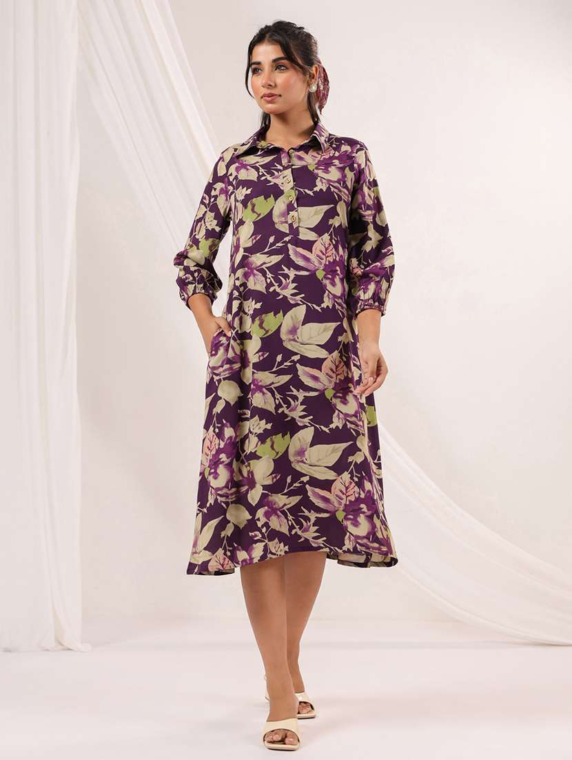 women printed three quarter sleeve a-line dress - 22156349 -  Standard Image - 1