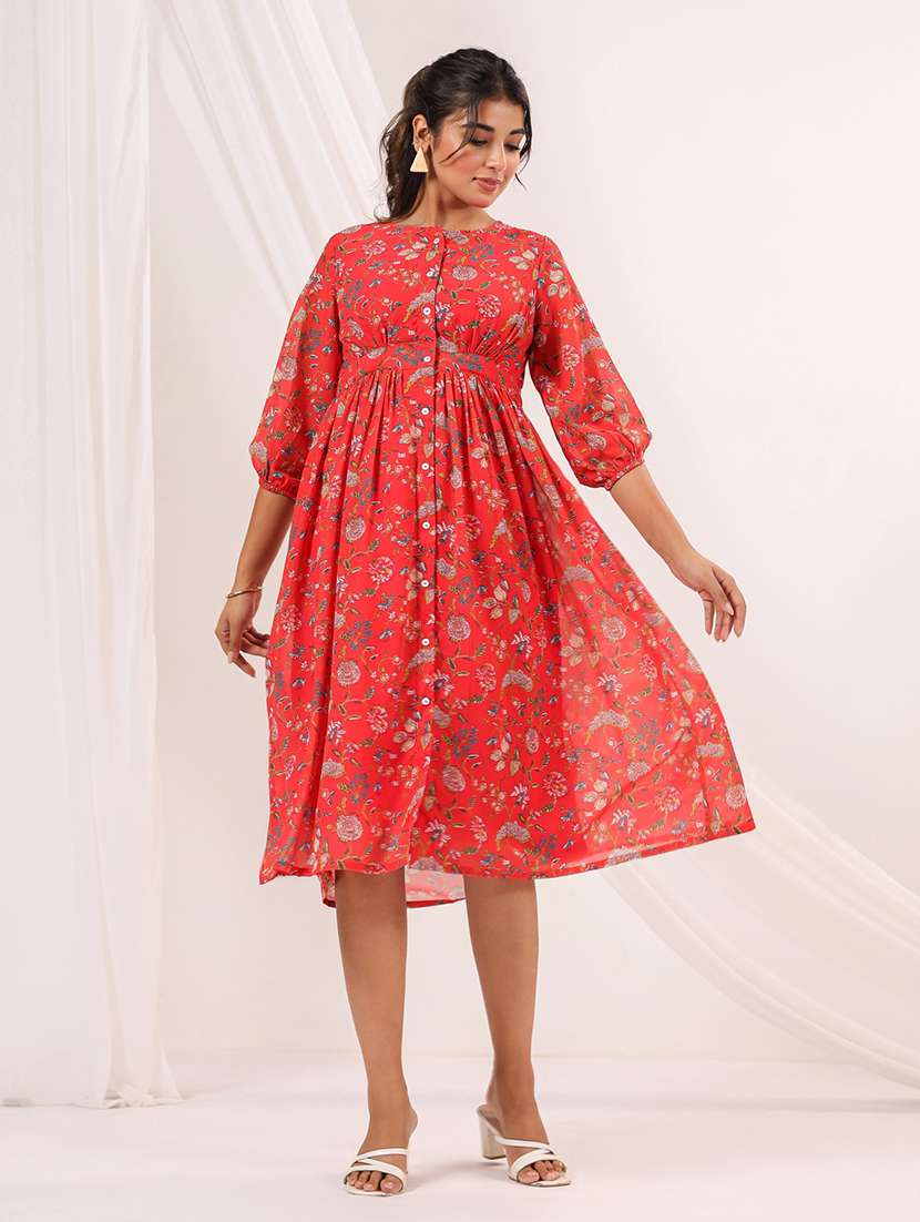 women printed puff sleeve fit & flare dress - 22156351 -  Standard Image - 1
