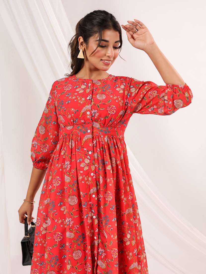 women printed puff sleeve fit & flare dress - 22156351 -  Standard Image - 4