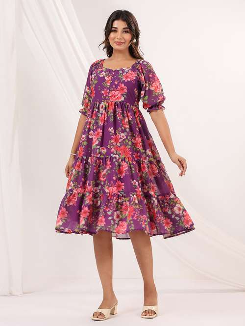 women floral print puff sleeve tiered dress - 22156356 -  Standard Image - 0