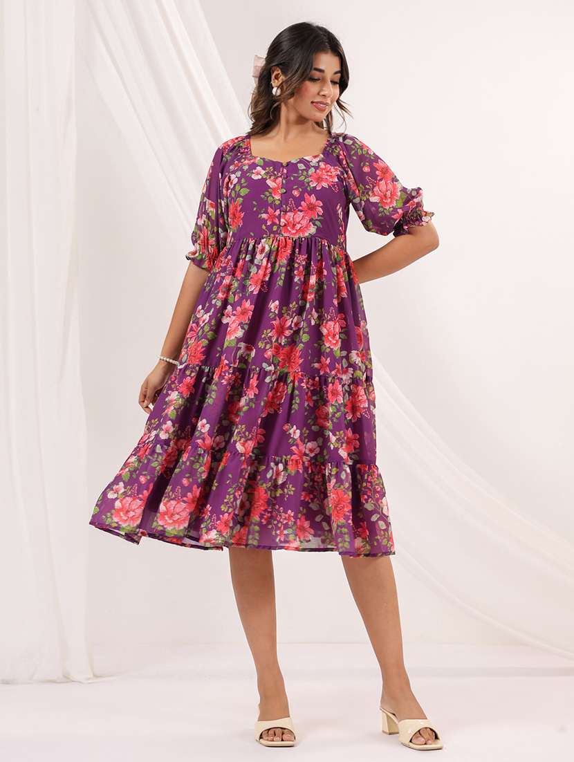 women floral print puff sleeve tiered dress - 22156356 -  Standard Image - 1