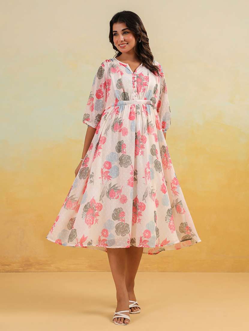 women printed puff sleeve a-line dress - 22156357 -  Standard Image - 1