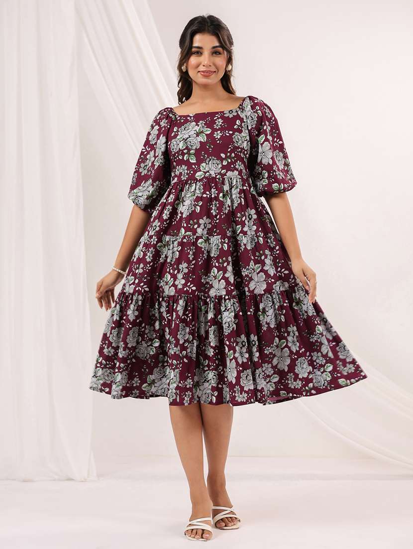 women floral printed puff sleeve tiered dress