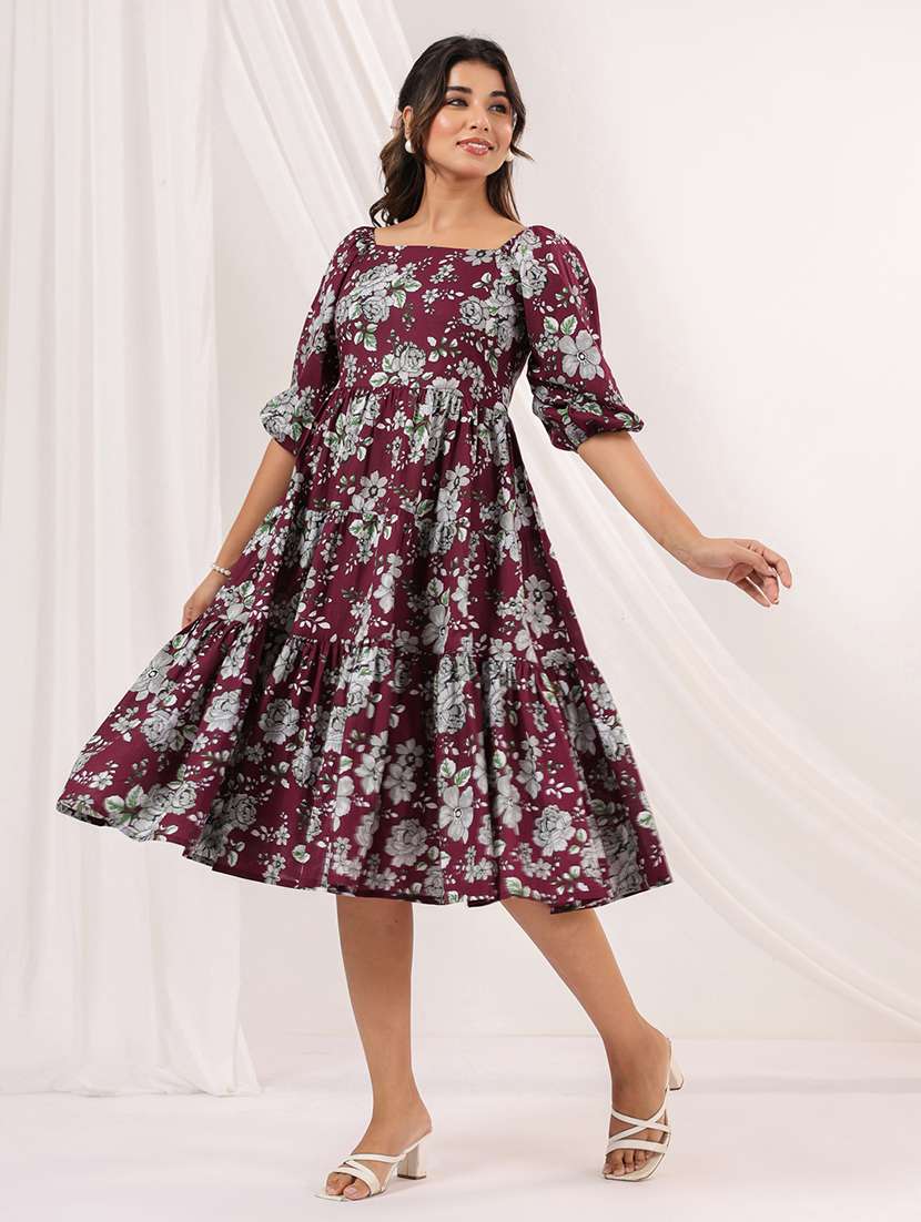 women floral printed puff sleeve tiered dress - 22156365 -  Standard Image - 1