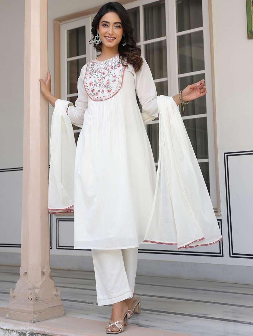 women embroidered three quarter sleeve kurta pant with dupatta set - 22156366 -  Standard Image - 1
