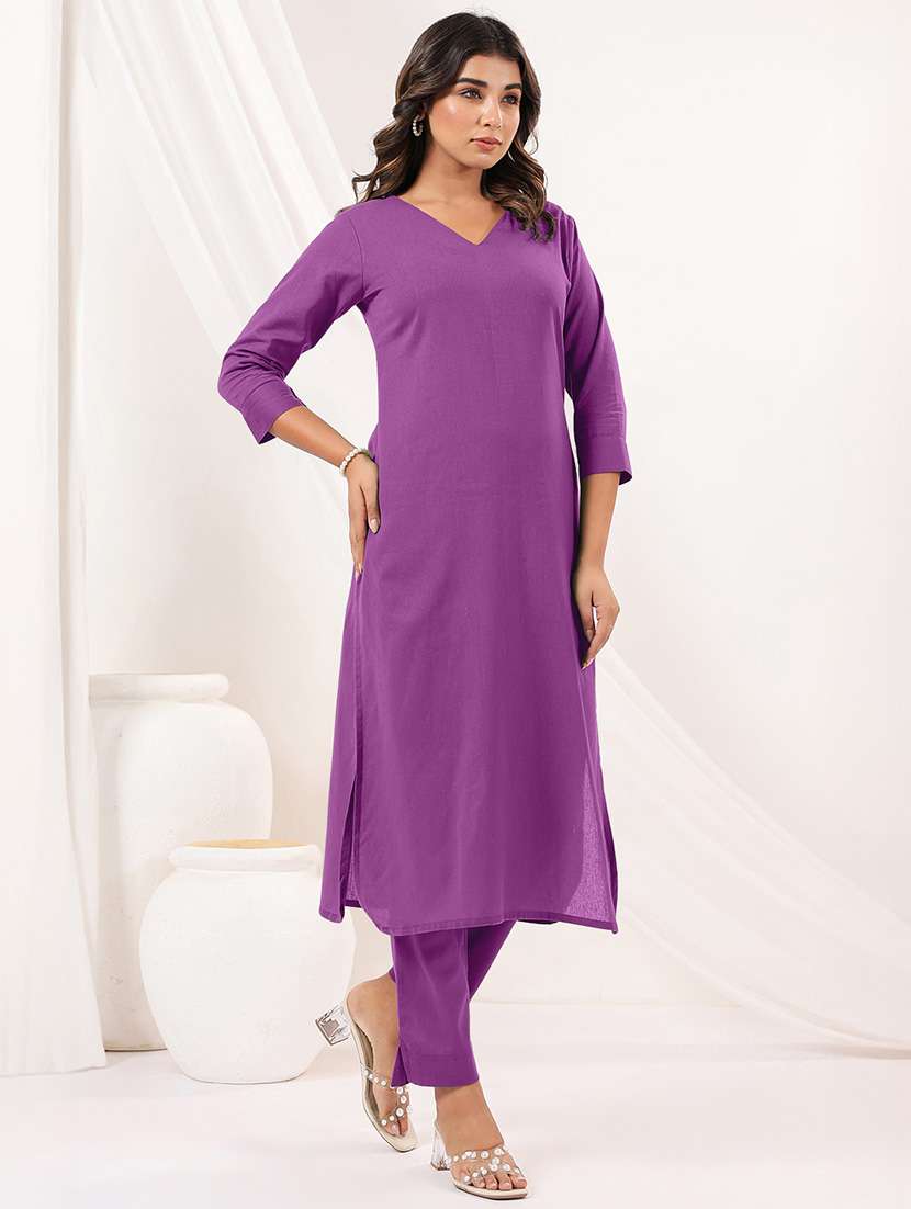 women solid three quarter sleeve kurta pant set - 22156371 -  Standard Image - 1