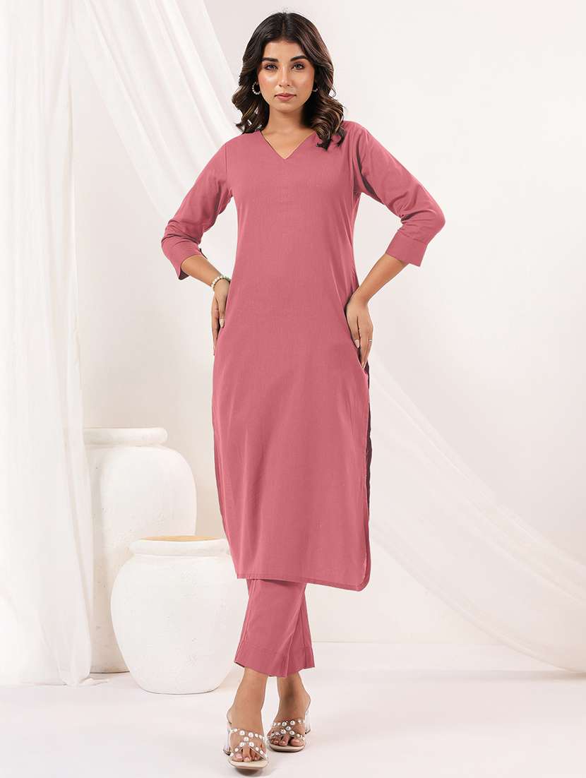women solid three quarter sleeve kurta pant set - 22156372 - Standard Image - 1