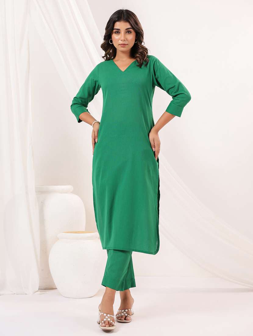 women solid three quarter sleeve kurta pant set - 22156373 - Standard Image - 1