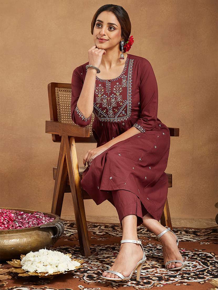 women embroidered three quarter sleeve kurta pant set - 22156374 - Standard Image - 1