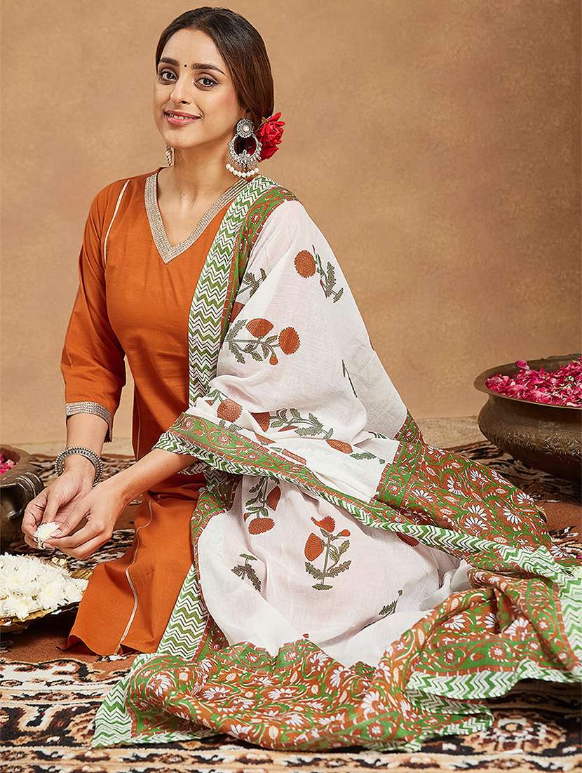 women solid three quarter sleeve kurta pant with dupatta set - 22156383 - Standard Image - 1