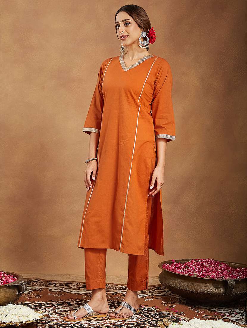 women solid three quarter sleeve kurta pant with dupatta set - 22156383 - Standard Image - 4