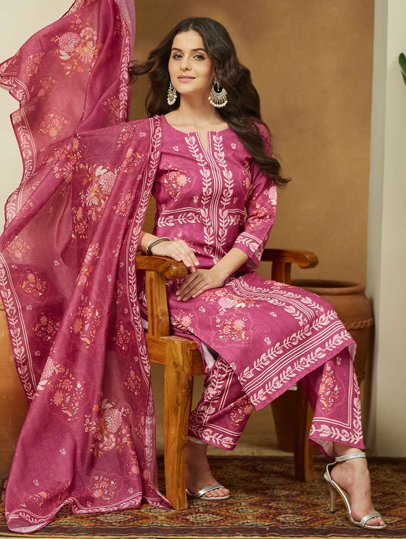 women floral three quarter sleeve kurta pant with dupatta set - 22156384 - Standard Image - 1