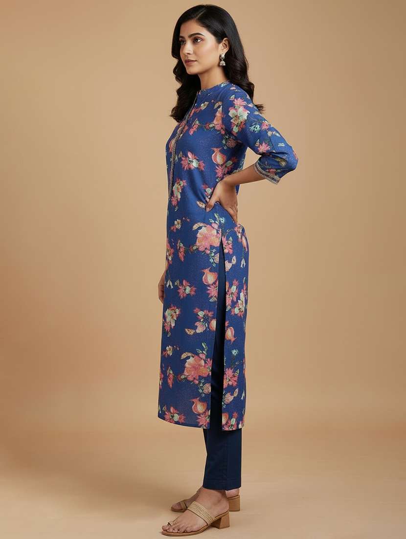 women floral three quarter sleeve straight kurta - 22156628 -  Standard Image - 1