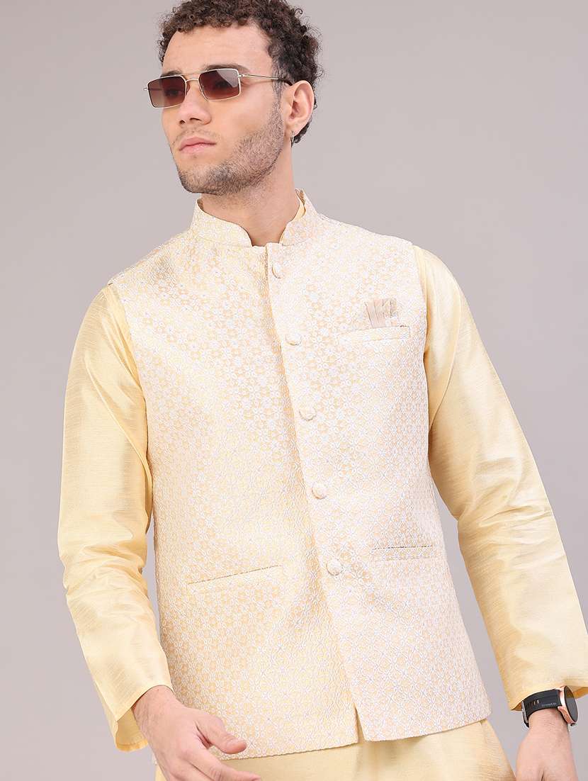 men self design mandarin neck kurta pyjama with jacket ethnic wear set - 22156844 -  Standard Image - 1