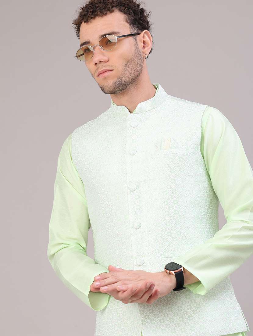 men self design mandarin neck kurta pyjama with jacket ethnic wear set - 22156845 -  Standard Image - 1