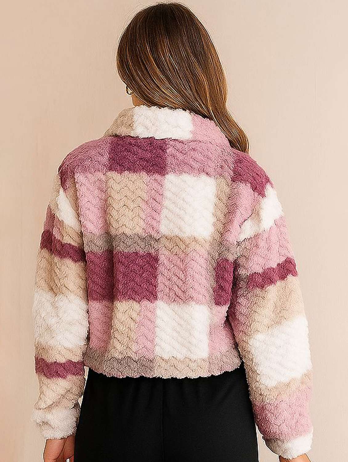 women checkered long sleeve cropped sweatshirt - 22157066 -  Standard Image - 1