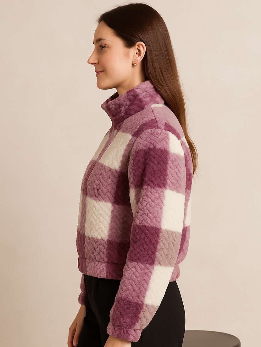 women checkered long sleeve cropped sweatshirt - 22157068 - Standard Image - 1