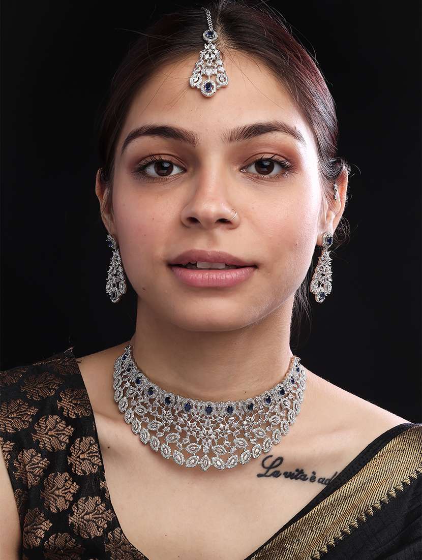silver plated cubic zirconia bridal necklace with earrings and maangtika - 22157478 -  Standard Image - 1