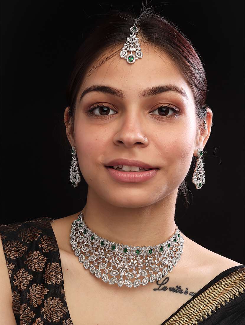 silver plated cubic zirconia bridal necklace with earrings and maangtika - 22157479 -  Standard Image - 1