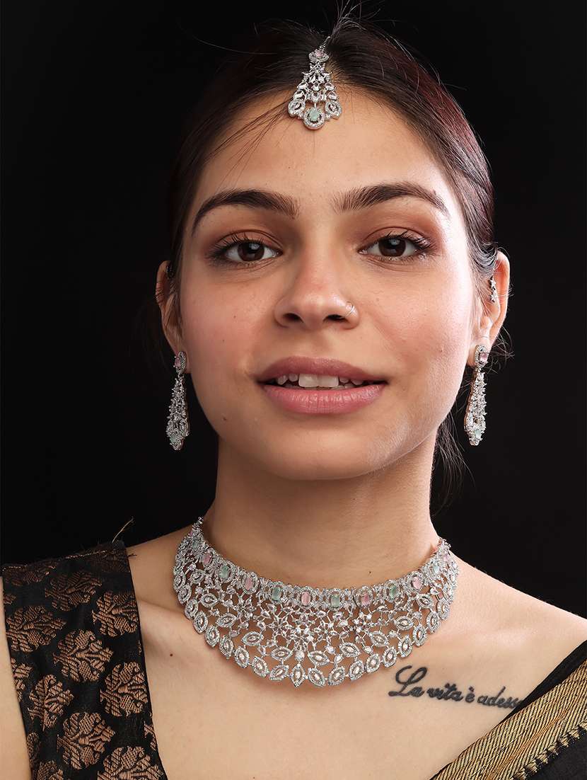 silver plated cubic zirconia bridal necklace with earrings and maangtika - 22157480 -  Standard Image - 1