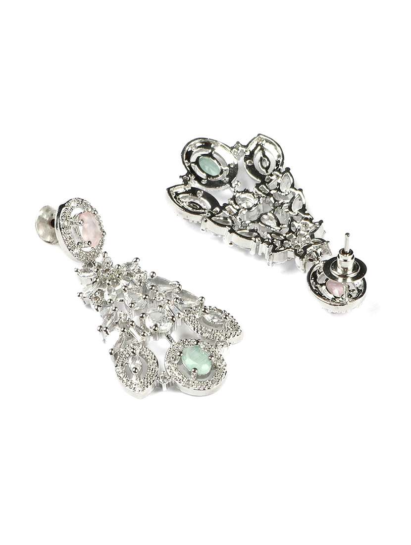 silver plated cubic zirconia bridal necklace with earrings and maangtika - 22157480 -  Standard Image - 4