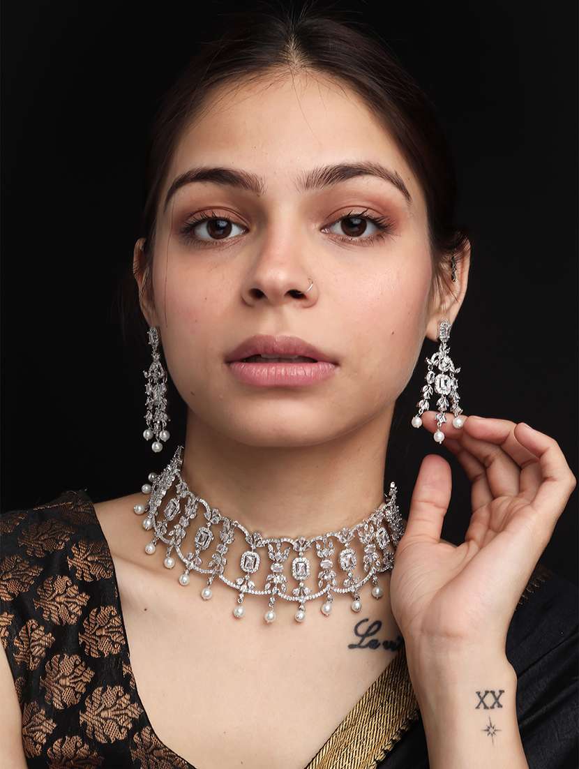 silver plated cubic zirconia bridal necklace with earrings and maangtika - 22157483 -  Standard Image - 1