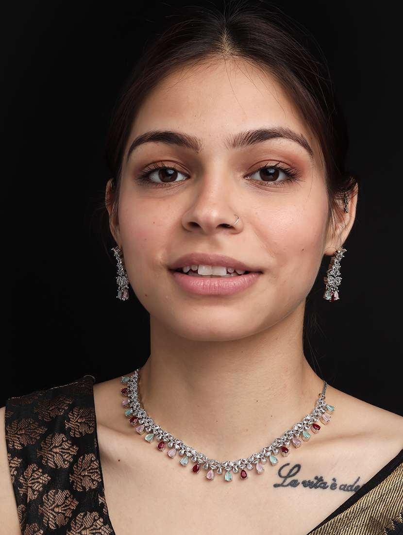 silver plated bridal necklace with earrings set - 22157486 -  Standard Image - 1