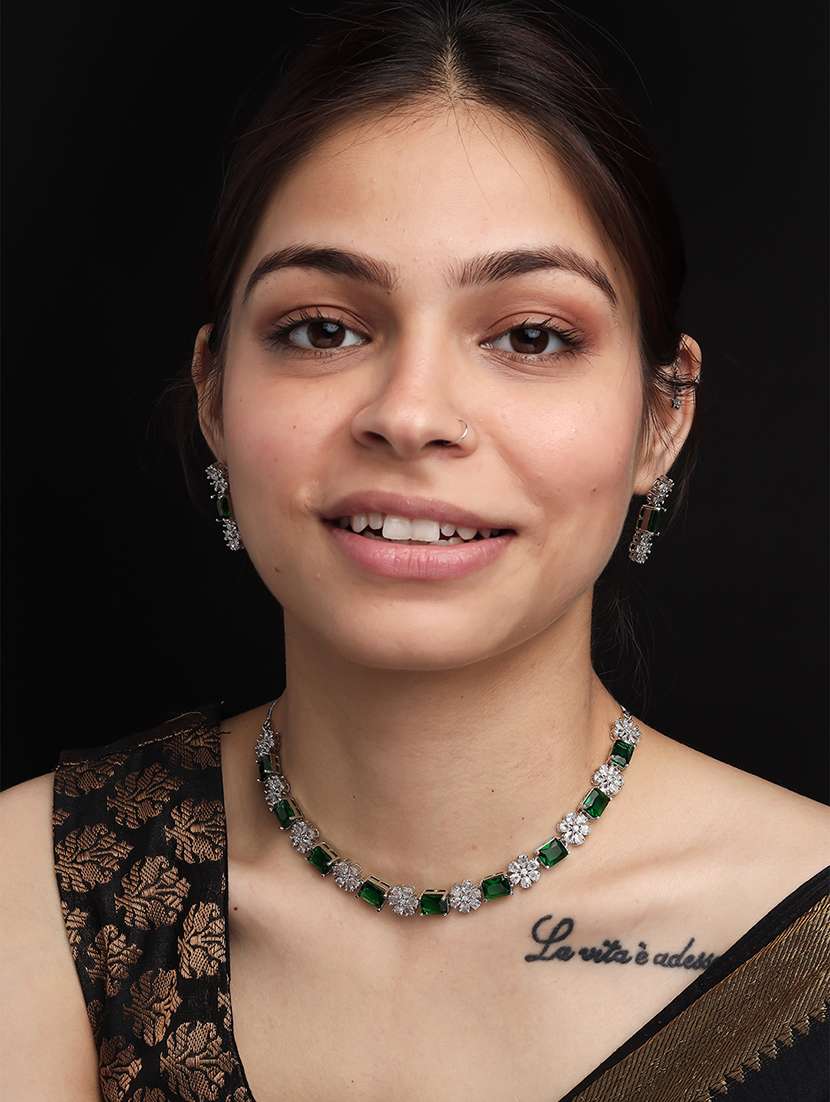 exquisite green flower motif cz sleek necklace set - 22157490 -  Standard Image - 1