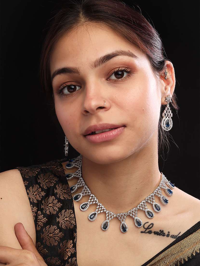 blue ad-cz tear drop necklace set - 22157493 -  Standard Image - 1