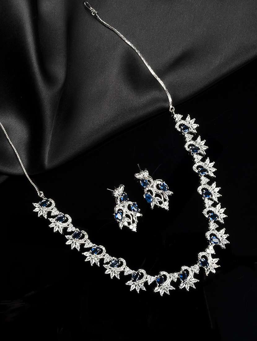 blue american diamond sleek necklace set jewellery