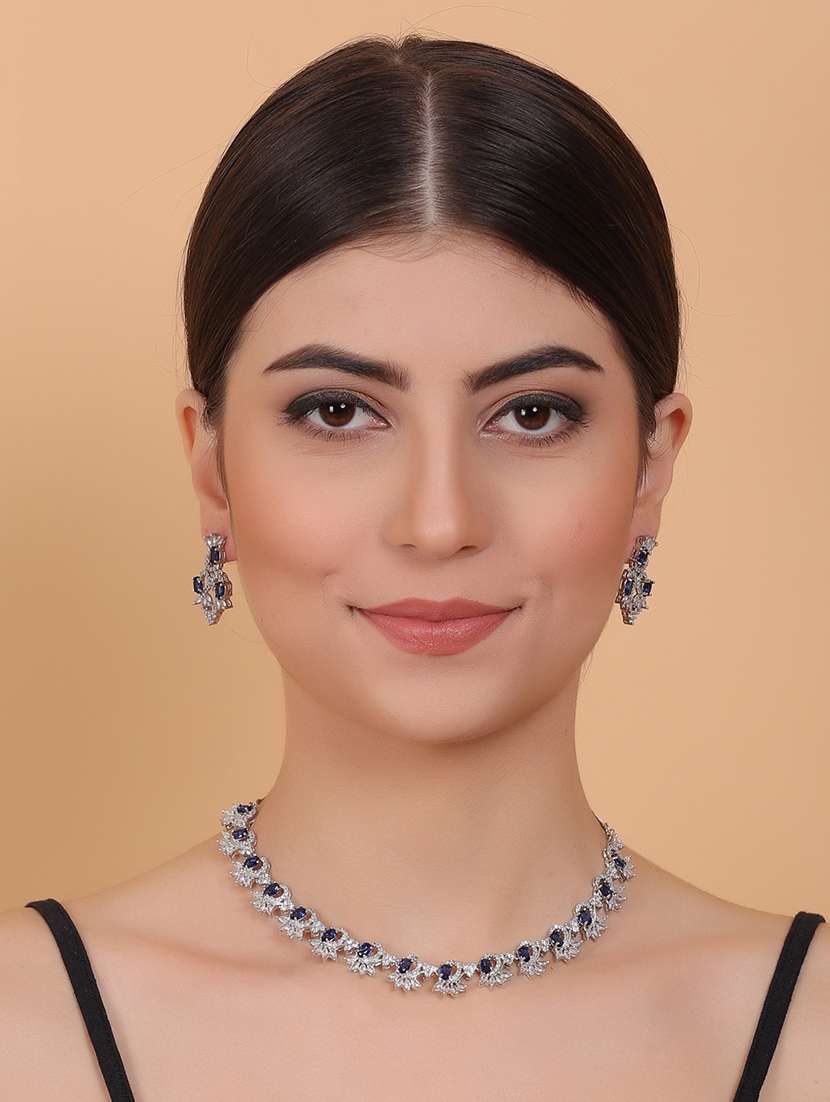 blue american diamond sleek necklace set jewellery - 22157499 -  Standard Image - 1
